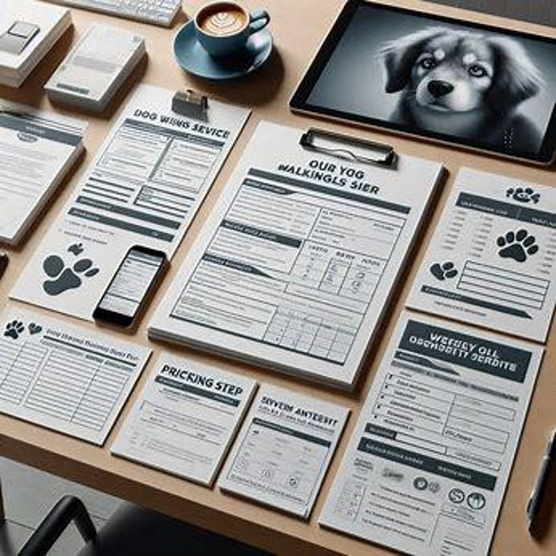 May include: A collection of printed forms and documents, including a clipboard with the text "OUR YOG WALKINGLS SIER." A smartphone, a cup of coffee, and a tablet displaying a dog image are also present on the desk.