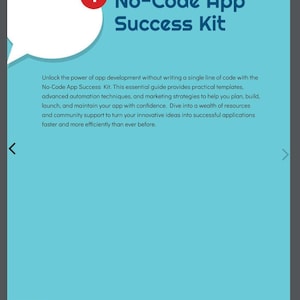 May include: A digital graphic with the title "No-Code App Success Kit" in large blue text. A red circle with the number "1" is above the title. The text below describes app development without code.