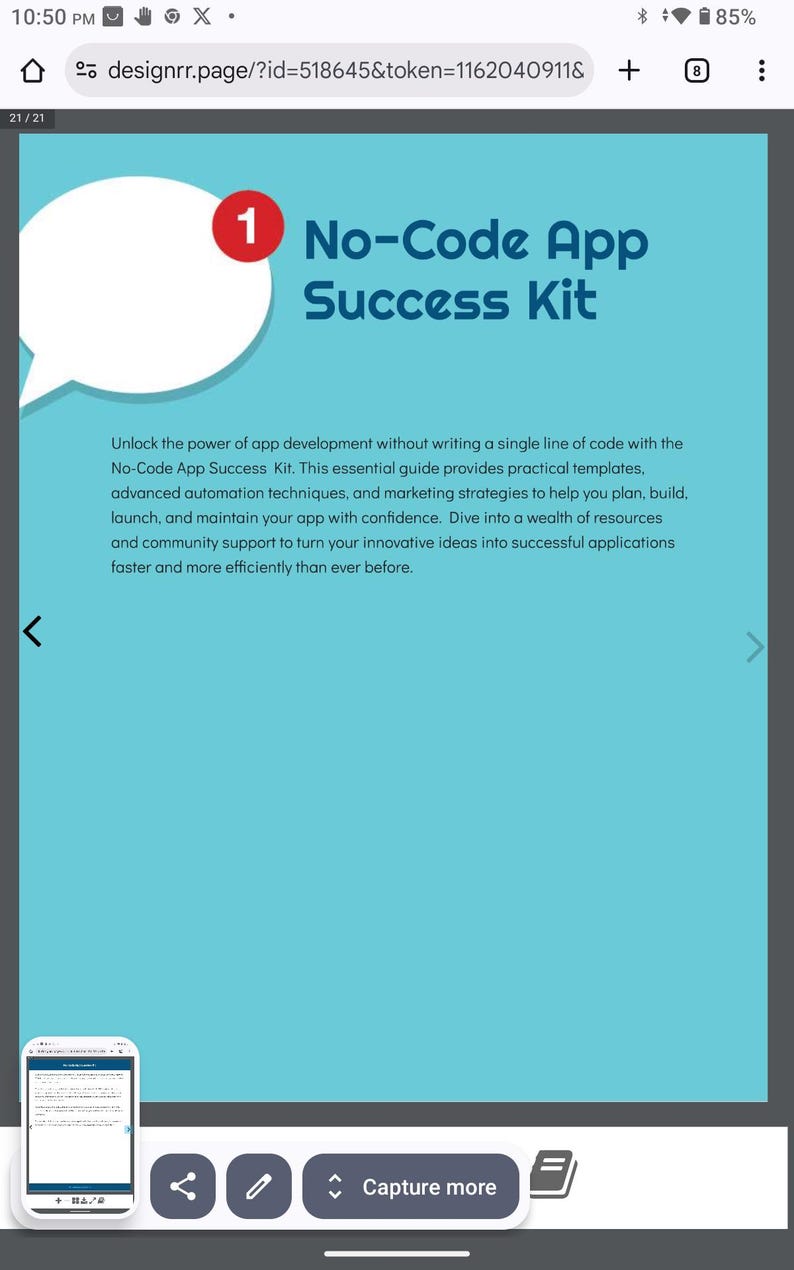 May include: A digital graphic with the title "No-Code App Success Kit" in large blue text. A red circle with the number "1" is above the title. The text below describes app development without code.