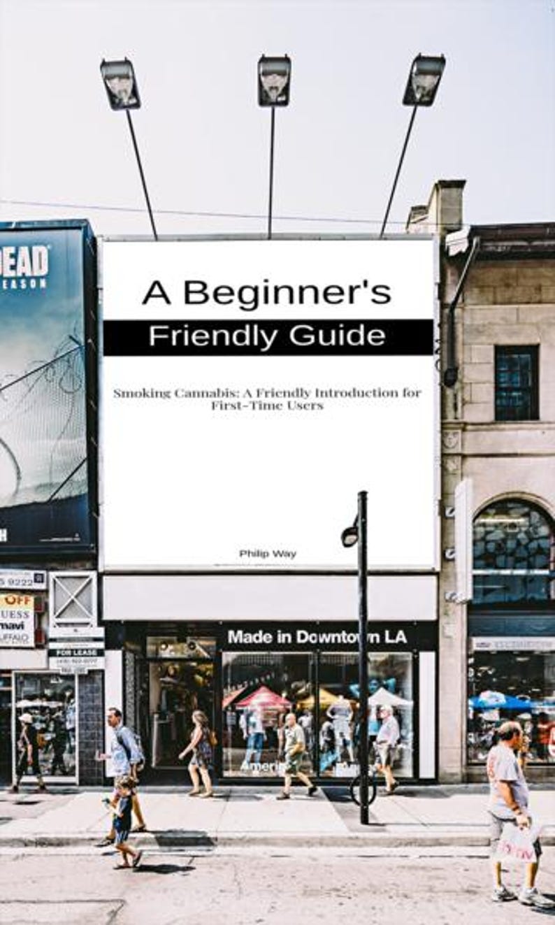Op de afbeelding: Een groot reclamebord toont de tekst "A Beginner's Friendly Guide" met de ondertitel "Smoking Cannabis: A Friendly Introduction for First-Time Users". De foto is genomen in een winkelstraat.
