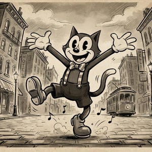 Peut inclure: Une illustration en noir et blanc d'un chat de dessin anim&eacute; aux grands yeux, portant un n&oelig;ud papillon et des bretelles, dansant dans une rue pav&eacute;e. L'arri&egrave;re-plan montre des b&acirc;timents avec des enseignes GROCERY, HOTEL, DELI et un tramway.