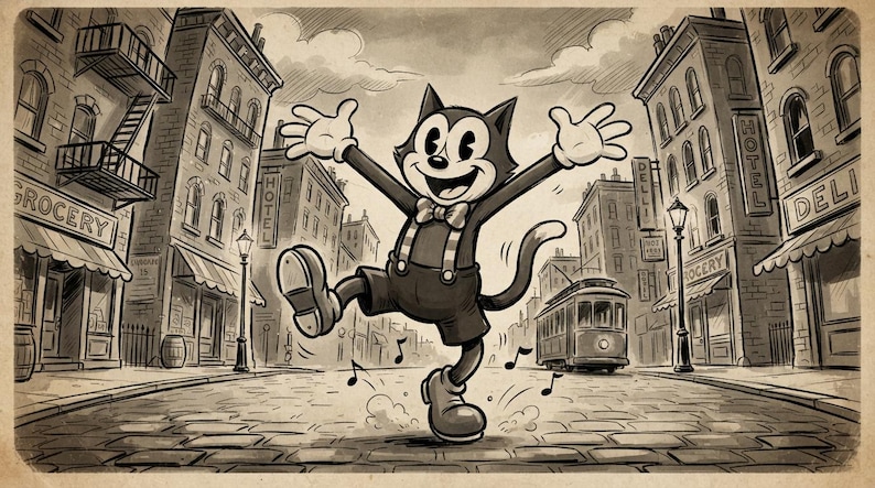 Peut inclure: Une illustration en noir et blanc d'un chat de dessin anim&eacute; aux grands yeux, portant un n&oelig;ud papillon et des bretelles, dansant dans une rue pav&eacute;e. L'arri&egrave;re-plan montre des b&acirc;timents avec des enseignes GROCERY, HOTEL, DELI et un tramway.