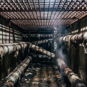 May include: A dark, narrow underground tunnel featuring multiple rusted metal pipes with peeling, light-coloured insulation. The space is illuminated by light filtering through a metal grate ceiling, casting long, linear shadows across the walls.