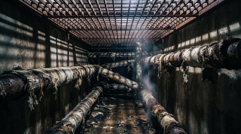 May include: A dark, narrow underground tunnel featuring multiple rusted metal pipes with peeling, light-coloured insulation. The space is illuminated by light filtering through a metal grate ceiling, casting long, linear shadows across the walls.