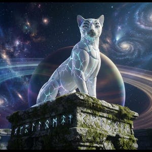 May include: A white cat figurine with multiple eyes and glowing blue vein-like patterns on its body, perched atop a weathered stone pedestal featuring carved runic symbols, set against a backdrop of a swirling galaxy with a large ringed planet.