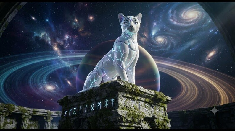 May include: A white cat figurine with multiple eyes and glowing blue vein-like patterns on its body, perched atop a weathered stone pedestal featuring carved runic symbols, set against a backdrop of a swirling galaxy with a large ringed planet.