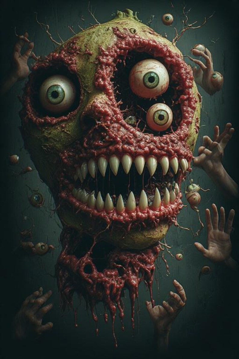 Puede incluir: Una obra de arte grotesca y surrealista que presenta una cabeza monstruosa y en descomposici&oacute;n con m&uacute;ltiples globos oculares y dientes afilados. La cabeza es de un color verde enfermizo, con carne roja expuesta y una boca abierta. Varias manos desmembradas se extienden hacia la cabeza.