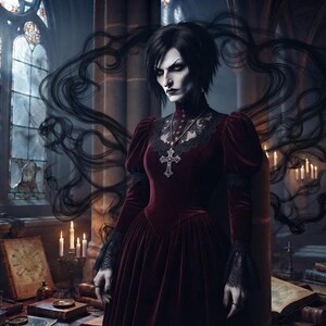 May include: A person with short black hair wears a long-sleeved, floor-length dark red velvet dress featuring a high collar, black lace detailing on the bodice, and a silver cross pendant necklace, surrounded by swirling black smoke in a stone room.