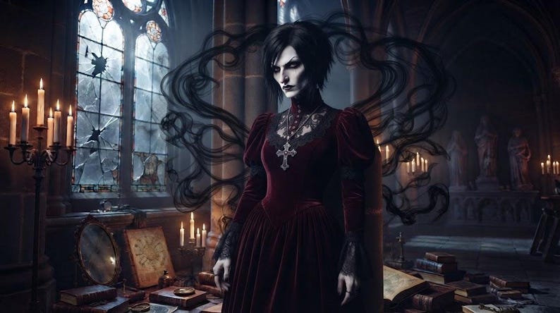 May include: A person with short black hair wears a long-sleeved, floor-length dark red velvet dress featuring a high collar, black lace detailing on the bodice, and a silver cross pendant necklace, surrounded by swirling black smoke in a stone room.