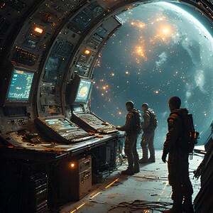 Op de afbeelding: Interieur van een ruimteschip controlekamer met drie figuren die een planeet door een groot portaal bekijken. De kamer heeft bedieningspanelen, schermen en gloeiende lichten.