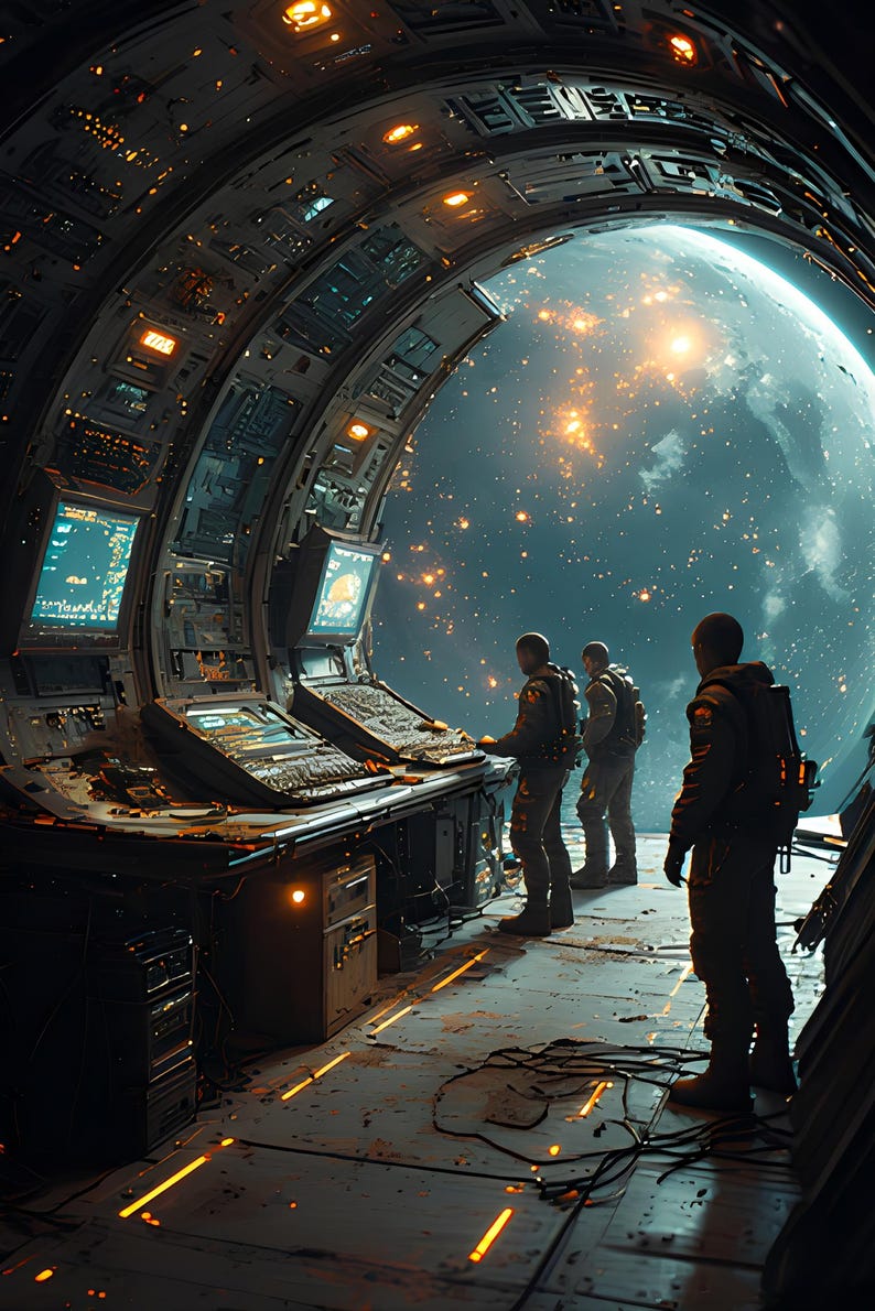 Op de afbeelding: Interieur van een ruimteschip controlekamer met drie figuren die een planeet door een groot portaal bekijken. De kamer heeft bedieningspanelen, schermen en gloeiende lichten.