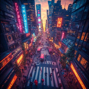 May include: An aerial view of a bustling city street at dusk. Tall buildings line the street, illuminated by neon signs in pink, blue, and orange. Pedestrians cross a crosswalk, and red trucks drive down the road. The sky is a gradient of orange and blue.