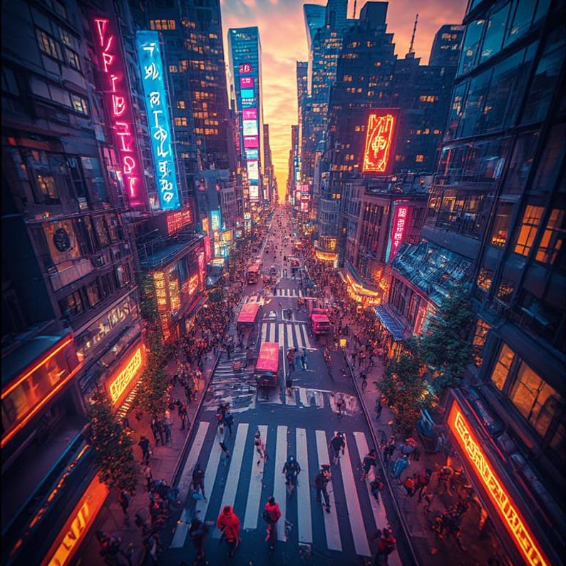 May include: An aerial view of a bustling city street at dusk. Tall buildings line the street, illuminated by neon signs in pink, blue, and orange. Pedestrians cross a crosswalk, and red trucks drive down the road. The sky is a gradient of orange and blue.