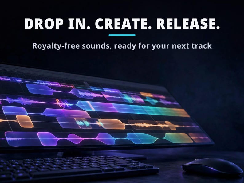 May include: A computer monitor displaying a colorful digital audio workstation interface with waveform tracks. The text reads: DROP IN. CREATE. RELEASE. Royalty-free sounds, ready for your next track. A black keyboard and mouse are in the foreground.