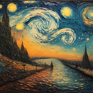 Op de afbeelding: Een olieverfschilderij dat een nachtsc&egrave;ne weergeeft met een wervelende lucht en heldergele sterren. Het kunstwerk toont een donkere, getextureerde voorgrond met hoge, puntige bomen en een rivier die de kleuren van de lucht weerspiegelt. Het kleurenpalet omvat blauw, geel en oranje.