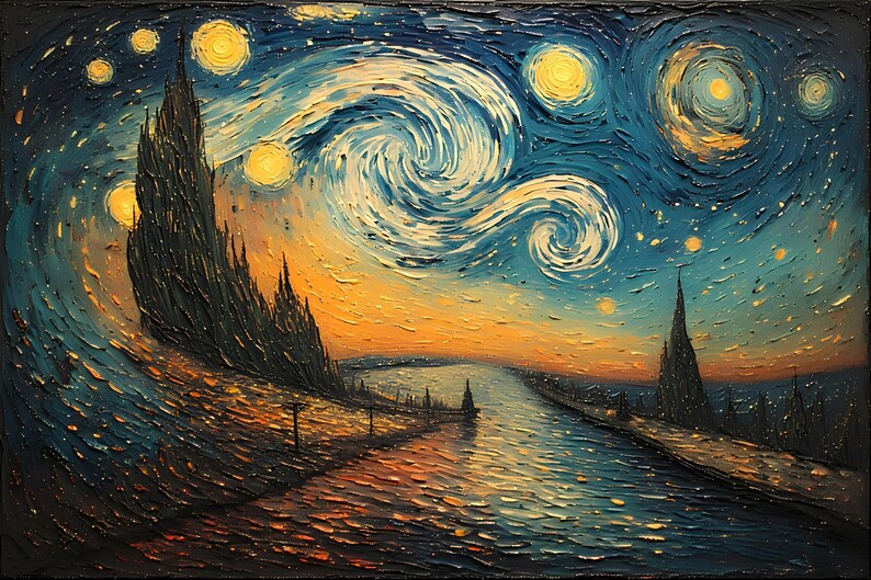 Op de afbeelding: Een olieverfschilderij dat een nachtsc&egrave;ne weergeeft met een wervelende lucht en heldergele sterren. Het kunstwerk toont een donkere, getextureerde voorgrond met hoge, puntige bomen en een rivier die de kleuren van de lucht weerspiegelt. Het kleurenpalet omvat blauw, geel en oranje.