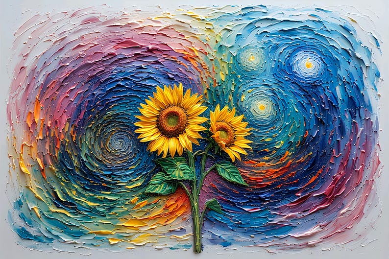 Op de afbeelding: Een levendig schilderij van twee zonnebloemen met gele bloemblaadjes en groene bladeren. De achtergrond heeft wervelende penseelstreken in tinten blauw, paars, roze en oranje, waardoor een textuureffect ontstaat. Het kunstwerk roept de natuur en kunst op.