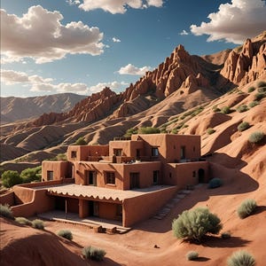 May include: A large, adobe-style house with a flat roof sits on a hillside in a desert landscape. The house is surrounded by red sand and sparse vegetation. The sky is blue with white clouds.