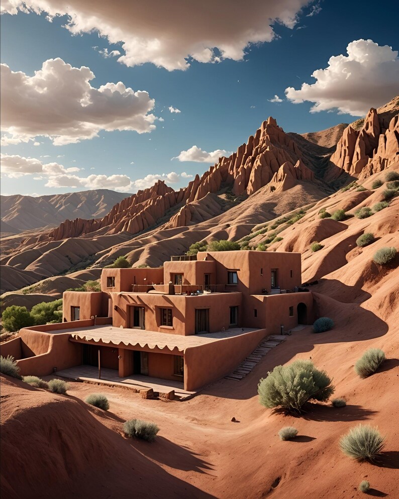 May include: A large, adobe-style house with a flat roof sits on a hillside in a desert landscape. The house is surrounded by red sand and sparse vegetation. The sky is blue with white clouds.