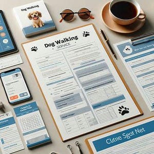May include: A clipboard with a "Dog Walking Service" form, surrounded by a book, phone, tablet, glasses, pen, and a cup of coffee. The form has paw print graphics and blue accents. The book cover features a puppy.