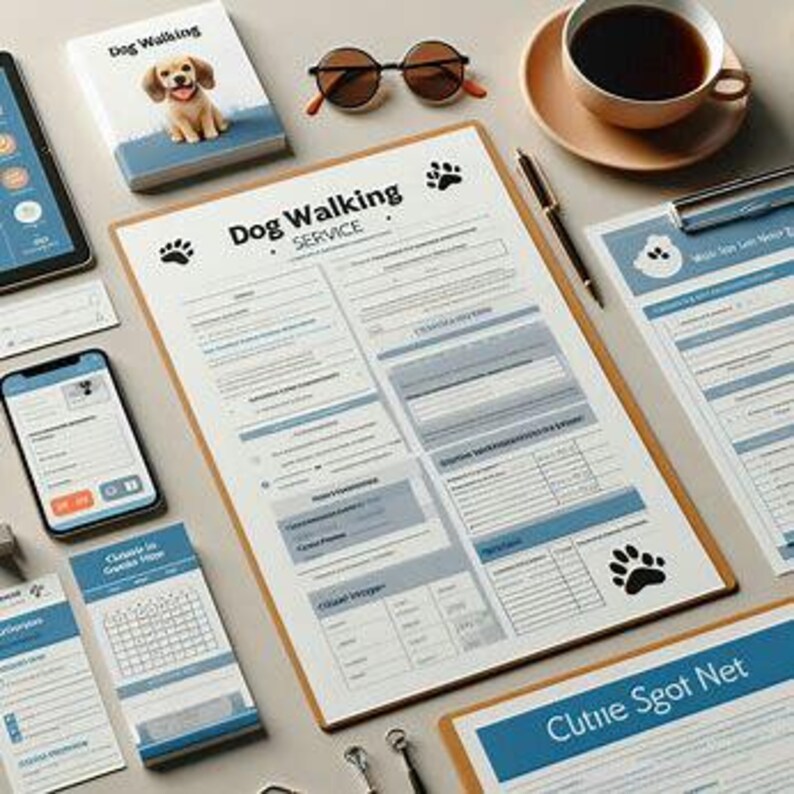 May include: A clipboard with a "Dog Walking Service" form, surrounded by a book, phone, tablet, glasses, pen, and a cup of coffee. The form has paw print graphics and blue accents. The book cover features a puppy.