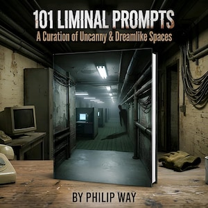 May include: A book titled 101 Liminal Prompts: A Curation of Uncanny & Dreamlike Spaces by Philip Way. The cover features a dark, foggy office corridor with fluorescent lights and a silhouette. The book sits on a wooden desk with a vintage telephone.