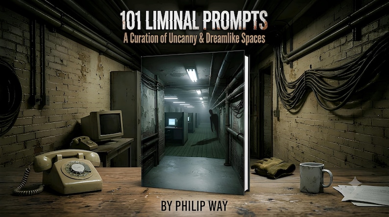 May include: A book titled 101 Liminal Prompts: A Curation of Uncanny & Dreamlike Spaces by Philip Way. The cover features a dark, foggy office corridor with fluorescent lights and a silhouette. The book sits on a wooden desk with a vintage telephone.