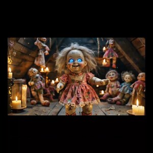 Puede incluir: Una mu&ntilde;eca espeluznante con ojos azules brillantes y una sonrisa siniestra, vestida con un vestido rosa, se encuentra en una habitaci&oacute;n tenue rodeada de otras mu&ntilde;ecas y velas encendidas. La escena evoca un tema de terror.