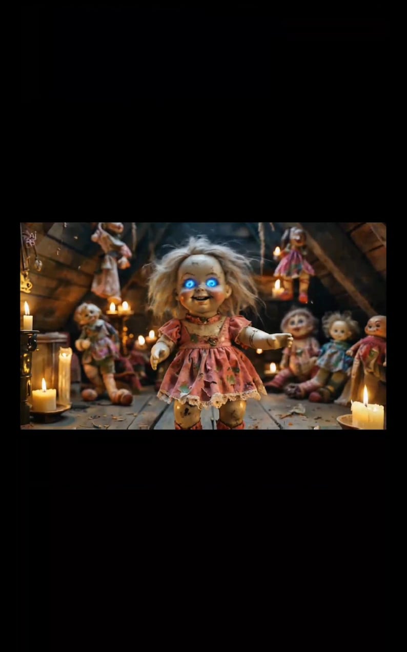 Puede incluir: Una mu&ntilde;eca espeluznante con ojos azules brillantes y una sonrisa siniestra, vestida con un vestido rosa, se encuentra en una habitaci&oacute;n tenue rodeada de otras mu&ntilde;ecas y velas encendidas. La escena evoca un tema de terror.