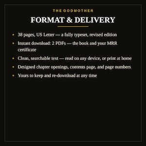 K&ouml;nnte beinhalten: Eine schwarze Infografik mit dem Titel THE GODMOTHER FORMAT & DELIVERY. Sie listet 38 Seiten im US-Letter-Format, eine &uuml;berarbeitete Ausgabe, zwei herunterladbare PDFs inklusive Buch und MRR-Zertifikat, durchsuchbaren Text und Design auf.