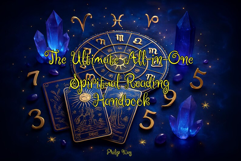 Op de afbeelding: Een afbeelding met een donkerblauwe achtergrond en gouden accenten. De tekst luidt "The Ultimate All-in-One Spiritual Reading Handbook". Tarotkaarten, kristallen en dierenriemtekens zijn ook aanwezig. De auteur is Philip Way.