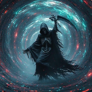 Puede incluir: Ilustraci&oacute;n digital de la Parca, vestida con una capa negra con capucha, empu&ntilde;ando una guada&ntilde;a, sobre un fondo c&oacute;smico arremolinado. La escena est&aacute; iluminada por luces celestes rojas, azules y turquesas, creando una atm&oacute;sfera dram&aacute;tica.