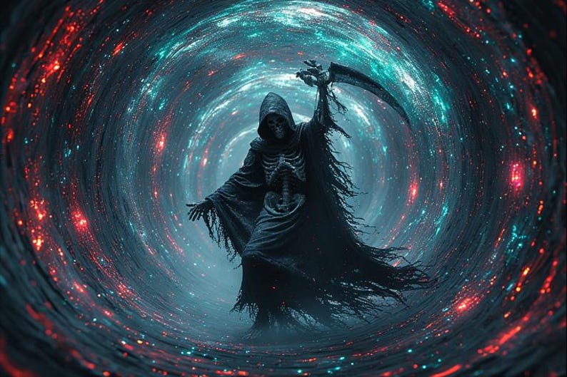 Puede incluir: Ilustraci&oacute;n digital de la Parca, vestida con una capa negra con capucha, empu&ntilde;ando una guada&ntilde;a, sobre un fondo c&oacute;smico arremolinado. La escena est&aacute; iluminada por luces celestes rojas, azules y turquesas, creando una atm&oacute;sfera dram&aacute;tica.