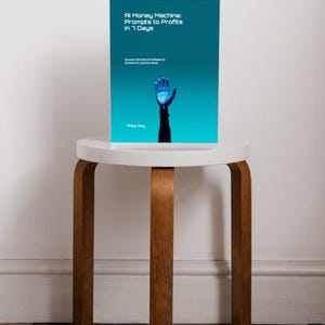 May include: A book titled "AI Money Machine: Prompts to Profits in 7 Days" is displayed on a small, white, round table with wooden legs. The book cover features a blue gradient background and a glowing blue hand.