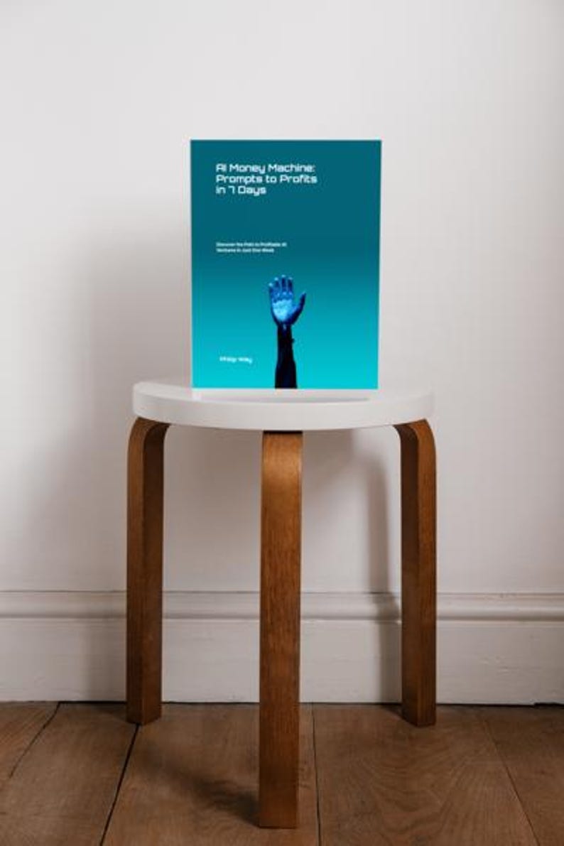 May include: A book titled "AI Money Machine: Prompts to Profits in 7 Days" is displayed on a small, white, round table with wooden legs. The book cover features a blue gradient background and a glowing blue hand.