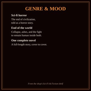 K&ouml;nnte beinhalten: Eine schwarze Grafik mit orangefarbenem Text: GENRE & MOOD, Sci-fi horror, The end of civilization, told as a horror story, End of the world, Collapse, ashes, and the fight to remain human inside both, One complete novel, A full-length story, cover to cover.