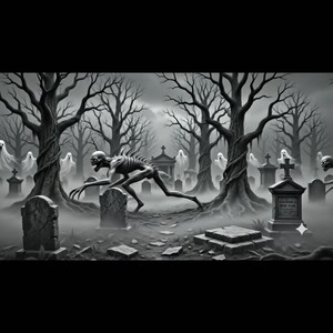 May include: A black and white digital illustration of a graveyard scene featuring a skeletal creature with a hunched posture and sharp claws, surrounded by weathered tombstones, bare gnarled trees, and several translucent ghost figures.