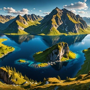 May include: A panoramic view of a mountain lake surrounded by lush green hills and towering peaks. The water is a deep blue and reflects the surrounding mountains. The sky is a bright blue with fluffy white clouds.