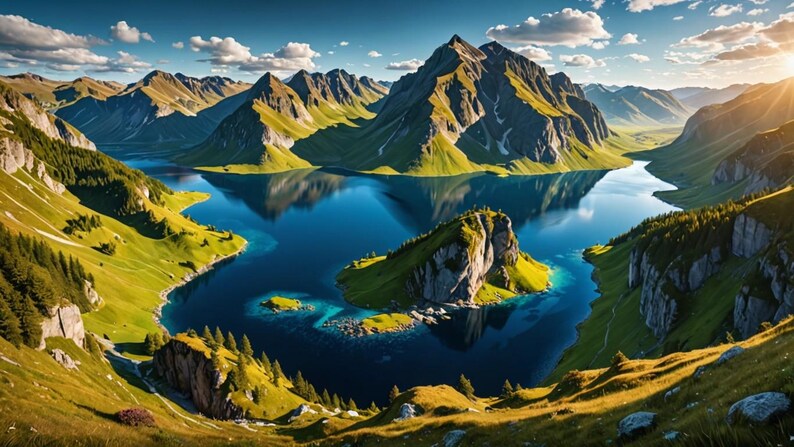 May include: A panoramic view of a mountain lake surrounded by lush green hills and towering peaks. The water is a deep blue and reflects the surrounding mountains. The sky is a bright blue with fluffy white clouds.