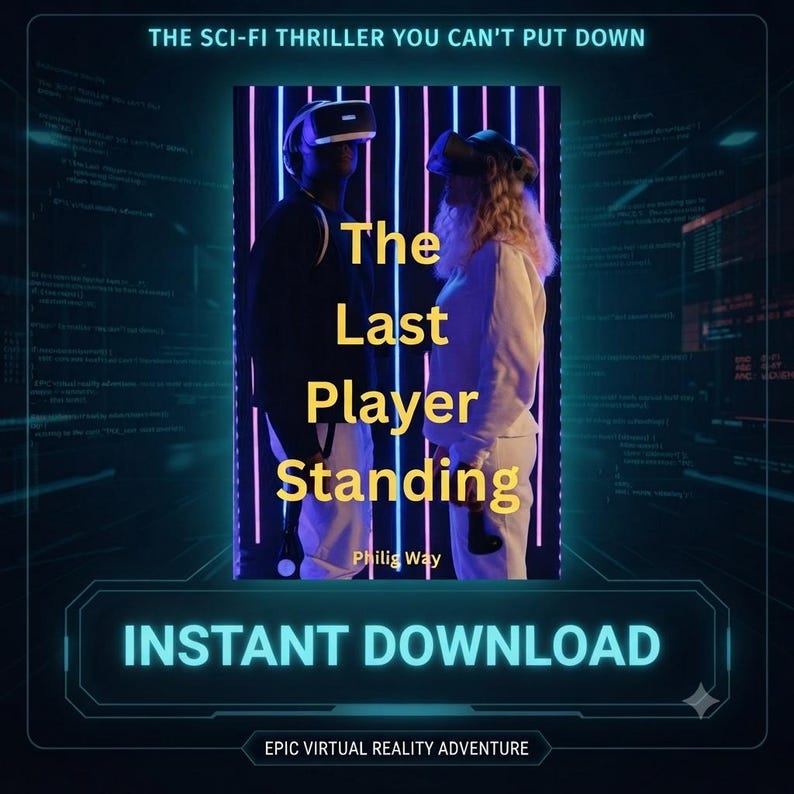 May include: A book cover titled The Last Player Standing by Philig Way, featuring two individuals wearing virtual reality headsets against a background of vertical purple and blue neon lights, with the text THE SCI-FI THRILLER YOU CAN'T PUT DOWN.