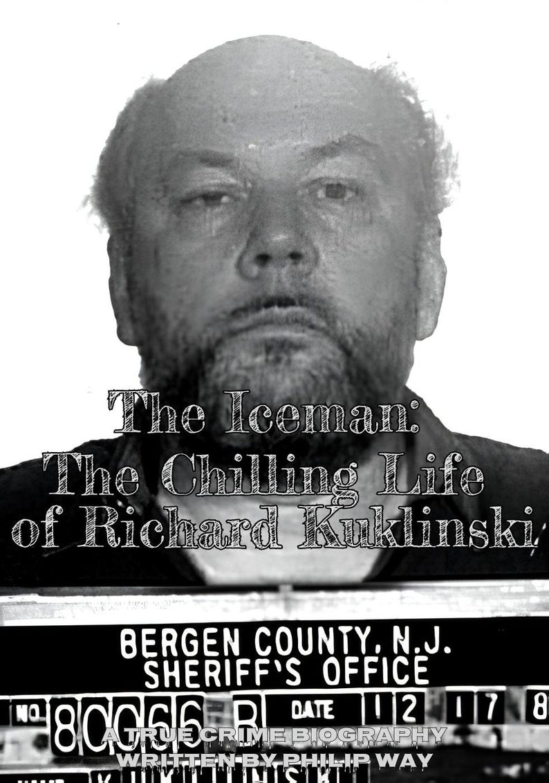 May include: A black and white image featuring Richard Kuklinski, with the title "The Iceman: The Chilling Life of Richard Kuklinski." Below, a police record from Bergen County Sheriff's Office is visible. A true crime biography.