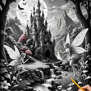 May include: A black and white illustration of a fairy with wings flying towards a castle in the distance. The fairy is drawn in detail with a pencil, and the castle is surrounded by trees and a waterfall.