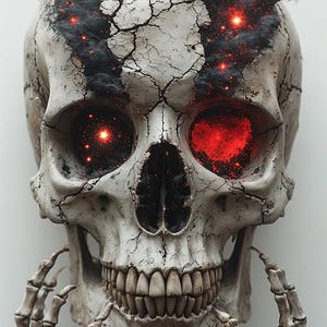 K&ouml;nnte beinhalten: Eine detaillierte, k&uuml;nstlerische Darstellung eines menschlichen Sch&auml;dels mit rissiger Oberfl&auml;che. Die Augenh&ouml;hlen und die Oberseite des Sch&auml;dels leuchten feuerrot, und dunkler Rauch geht von oben aus. Der Sch&auml;del wird von skelettartigen H&auml;nden gehalten.