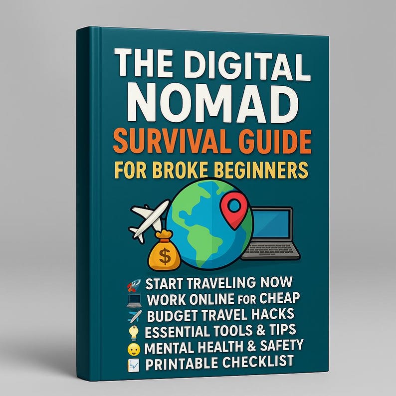 Op de afbeelding: Een turquoise boek met de titel "THE DIGITAL NOMAD SURVIVAL GUIDE FOR BROKE BEGINNERS". De omslag toont een wereldbol met een locatiepin, een laptop, een geldbuidel en een vliegtuig. Extra tekst is "START TRAVELING NOW" en "PRINTABLE CHECKLIST."