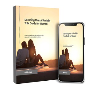May include: A book and a smartphone display the title "Decoding Men: A Straight Talk Guide for Women." The book and phone show a silhouette of a couple at sunset. The book's cover includes the author's name, Philip Way.