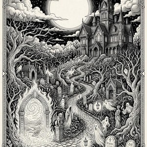 May include: A black and white illustration featuring a gothic mansion on a hill overlooking a graveyard with a winding stone path. A glowing arched portal stands in the foreground, surrounded by ghosts, bare trees, and tombstones under a full moon.