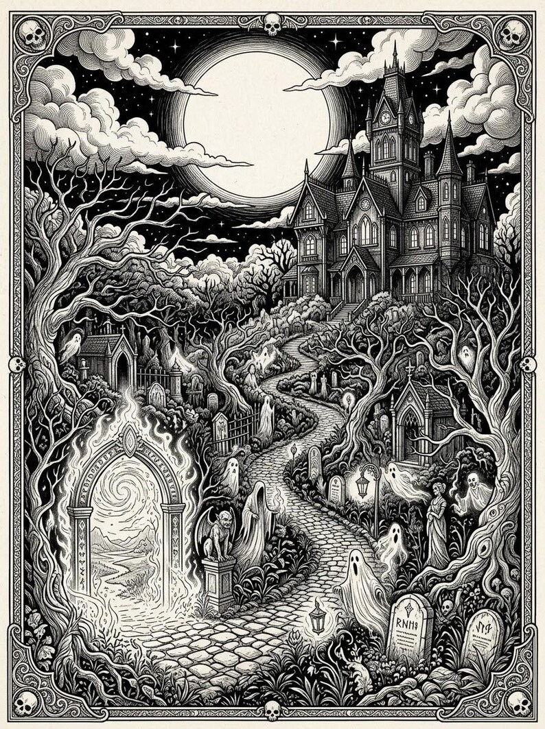 May include: A black and white illustration featuring a gothic mansion on a hill overlooking a graveyard with a winding stone path. A glowing arched portal stands in the foreground, surrounded by ghosts, bare trees, and tombstones under a full moon.