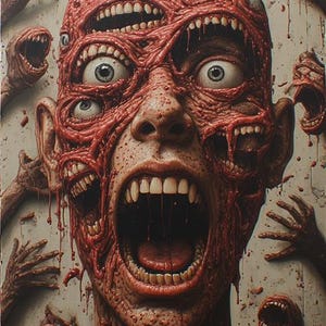 Puede incluir: Una obra de arte inquietante representa un rostro humano con m&uacute;ltiples bocas, ojos y manos que emergen de la carne. La paleta de colores est&aacute; dominada por tonos rojos y marrones, creando una imagen grotesca e inquietante. La obra evoca temas de horror y horror corporal.