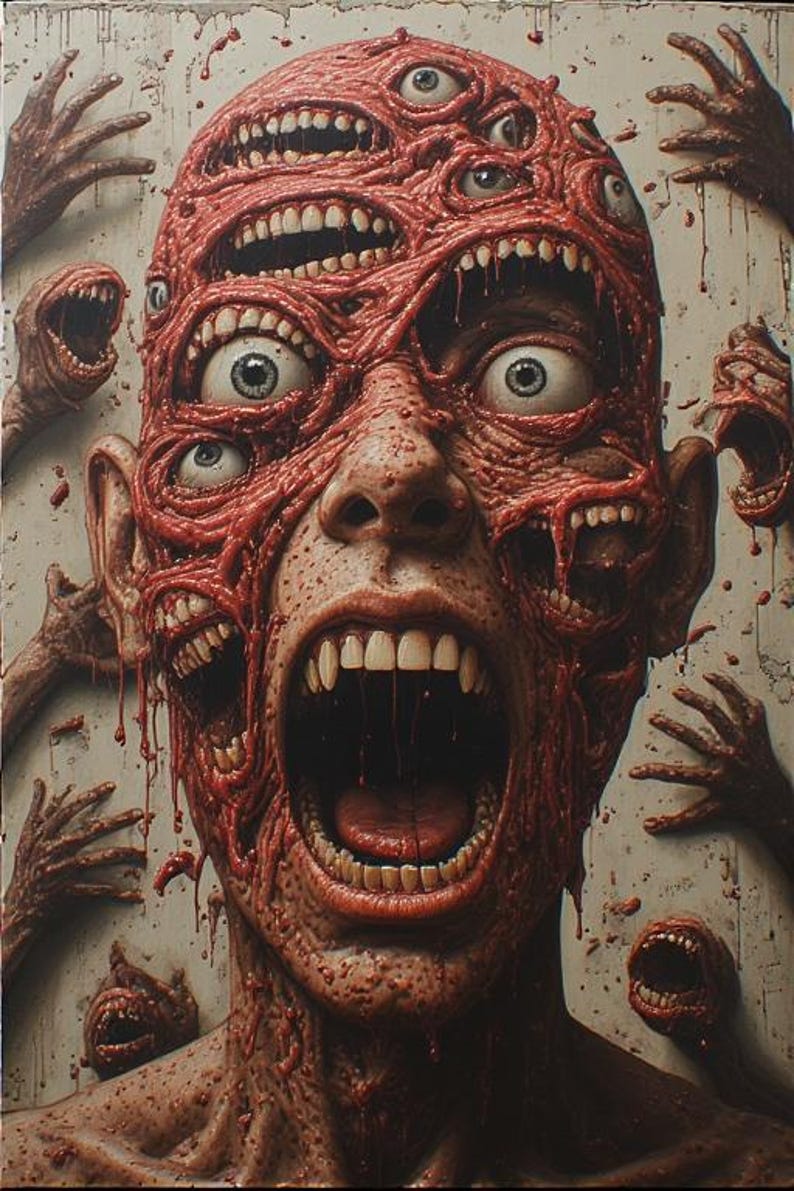Puede incluir: Una obra de arte inquietante representa un rostro humano con m&uacute;ltiples bocas, ojos y manos que emergen de la carne. La paleta de colores est&aacute; dominada por tonos rojos y marrones, creando una imagen grotesca e inquietante. La obra evoca temas de horror y horror corporal.