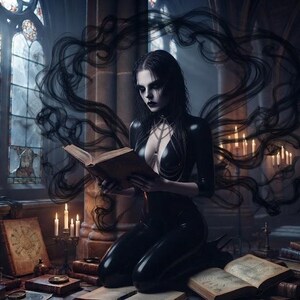 May include: A figure in a black latex bodysuit kneels whilst reading an open book, surrounded by swirling black smoke. The scene includes a tall candelabra with lit candles, a circular mirror, and multiple antique books in a stone room.